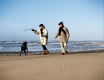 Ægtepar med hund går tur på stranden